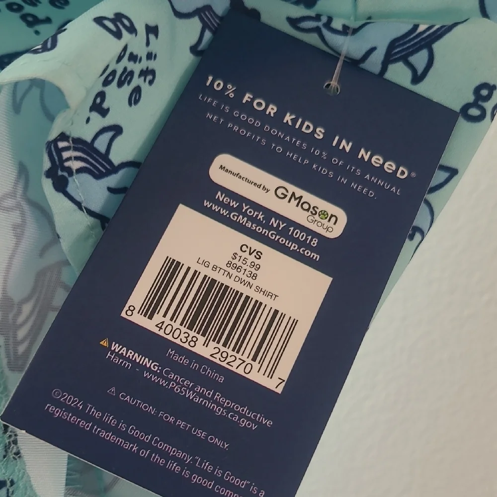 Life is Good Aqua Dog Button-Up‎ Shirt Large New w/ Tag